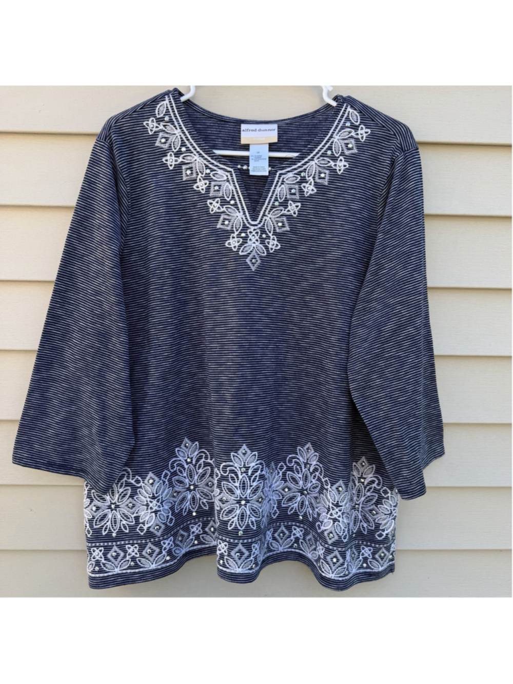 Alfred Dunner Embroidered Floral Boho Tunic Top Womens Plus 1X Striped Nautical